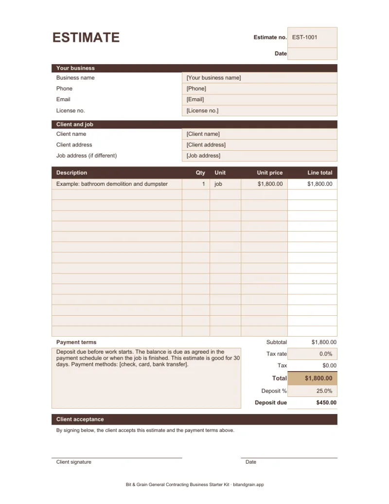 First page of the estimate and invoice