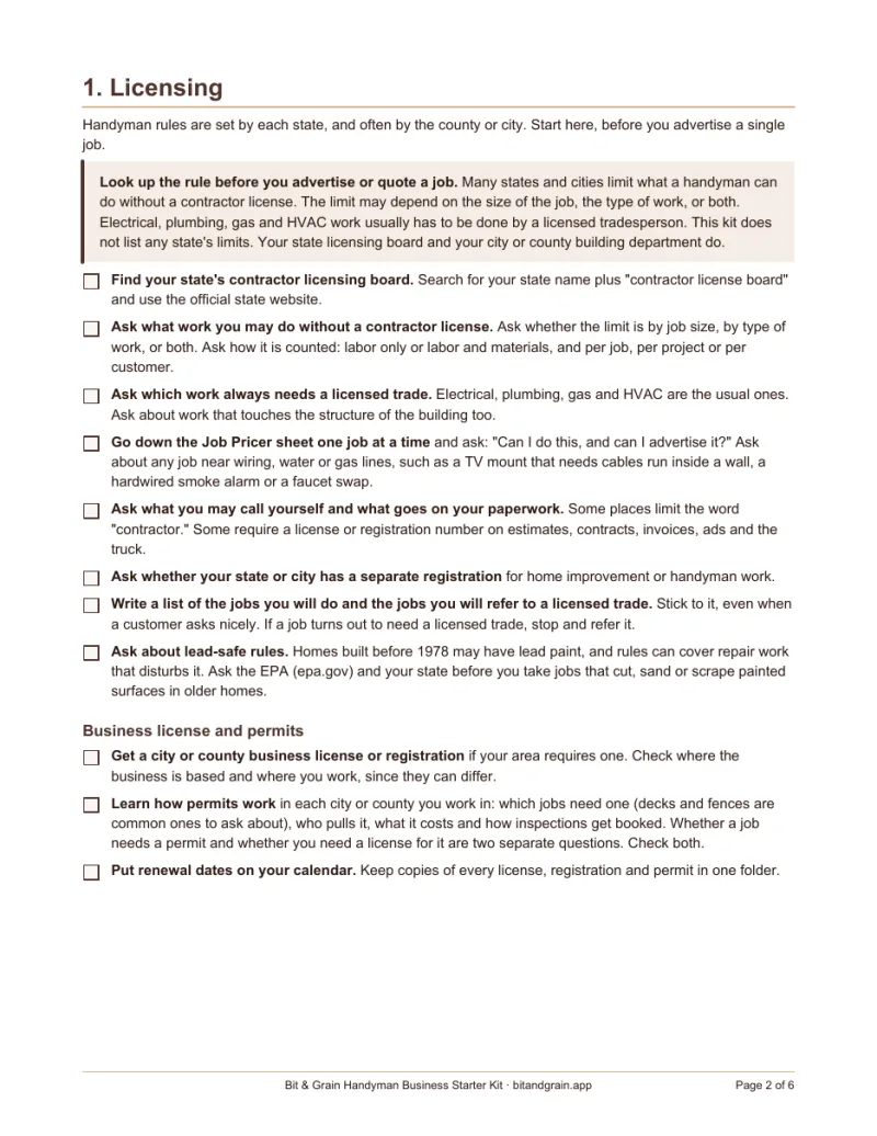 First page of the startup checklist