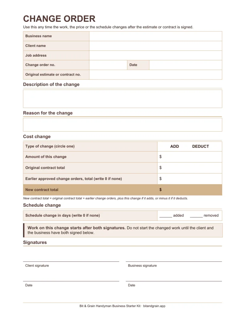 First page of the change order form