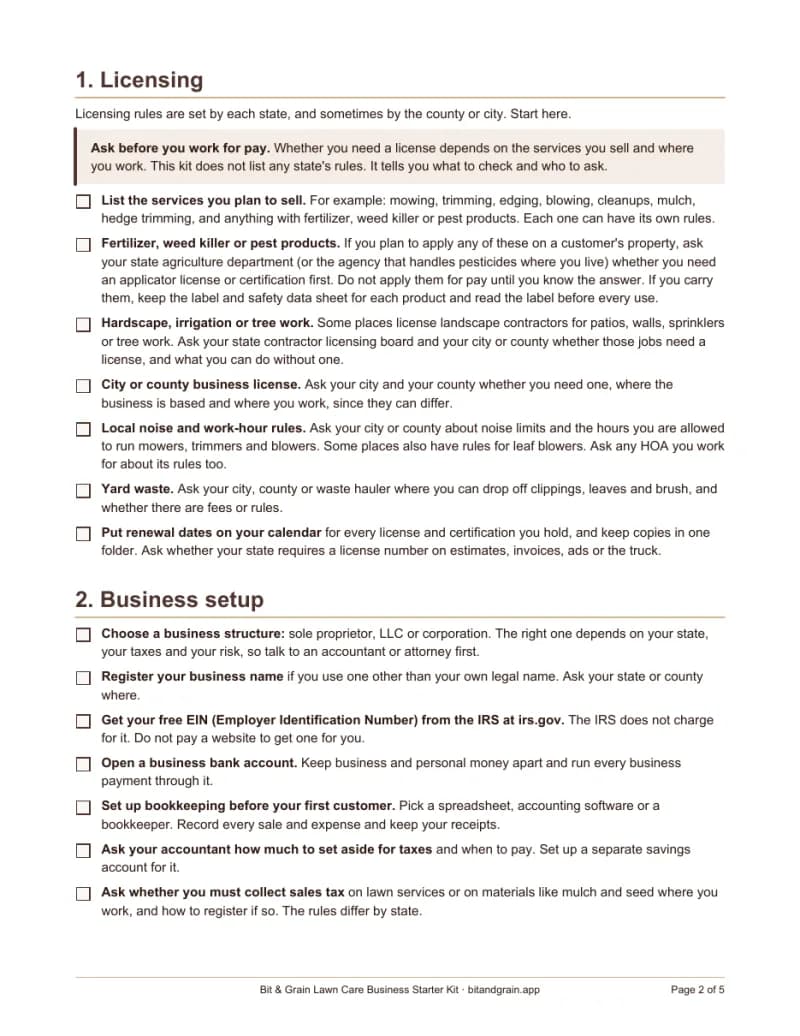First page of the startup checklist