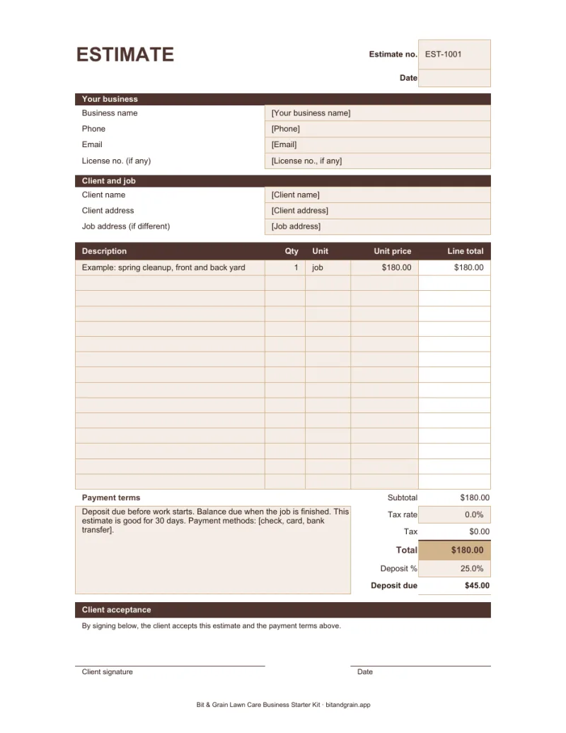 First page of the estimate and invoice