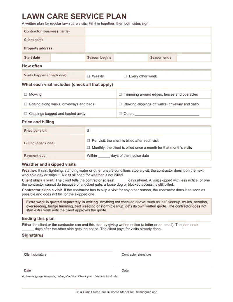 First page of the recurring service plan