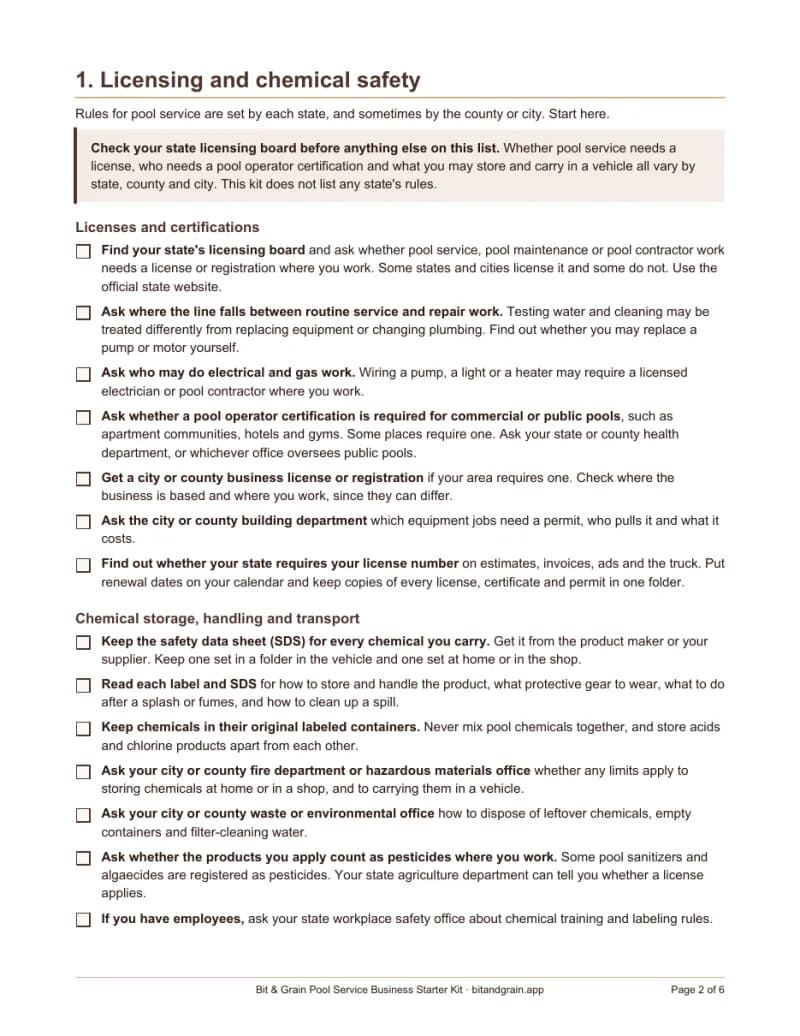 First page of the startup checklist