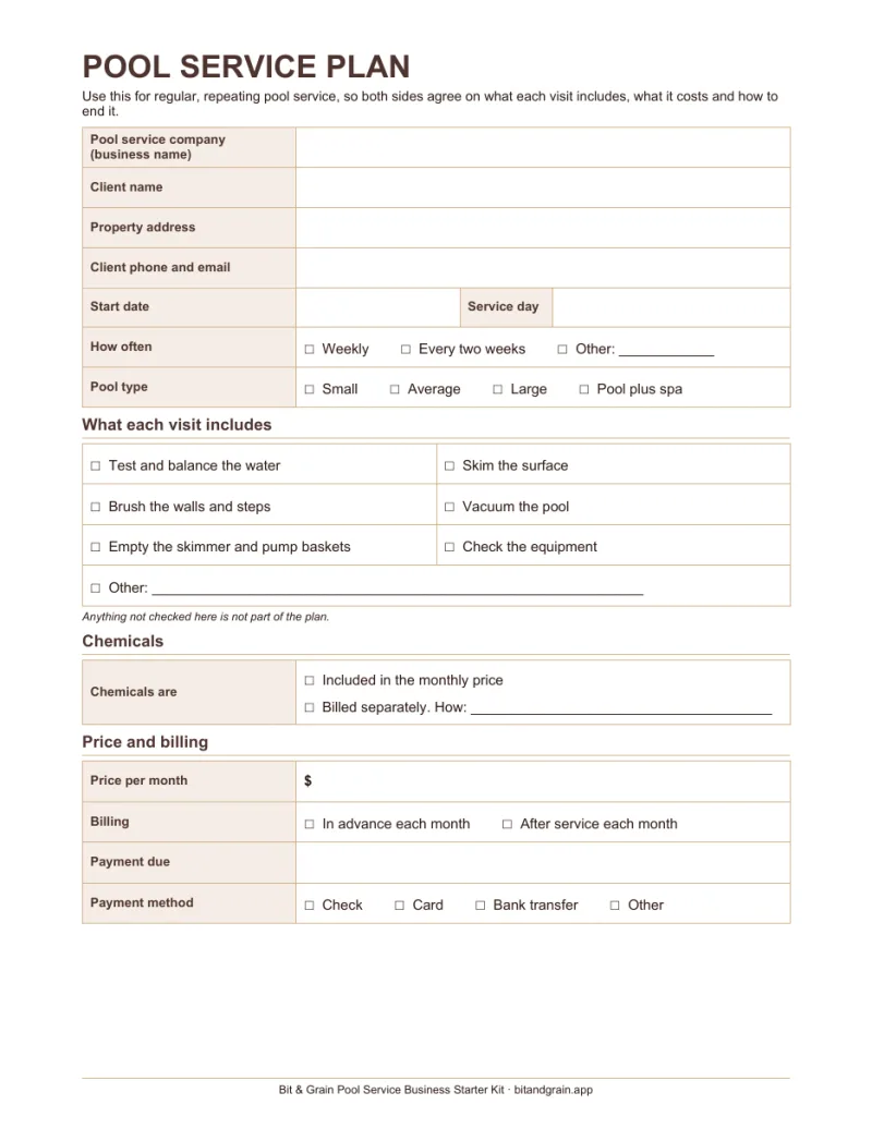 First page of the recurring service plan