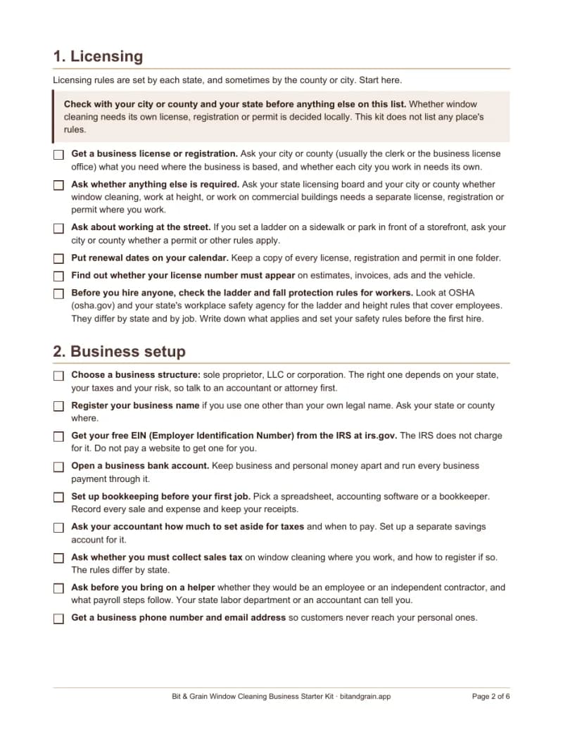First page of the startup checklist