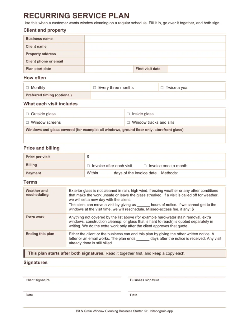 First page of the recurring service plan