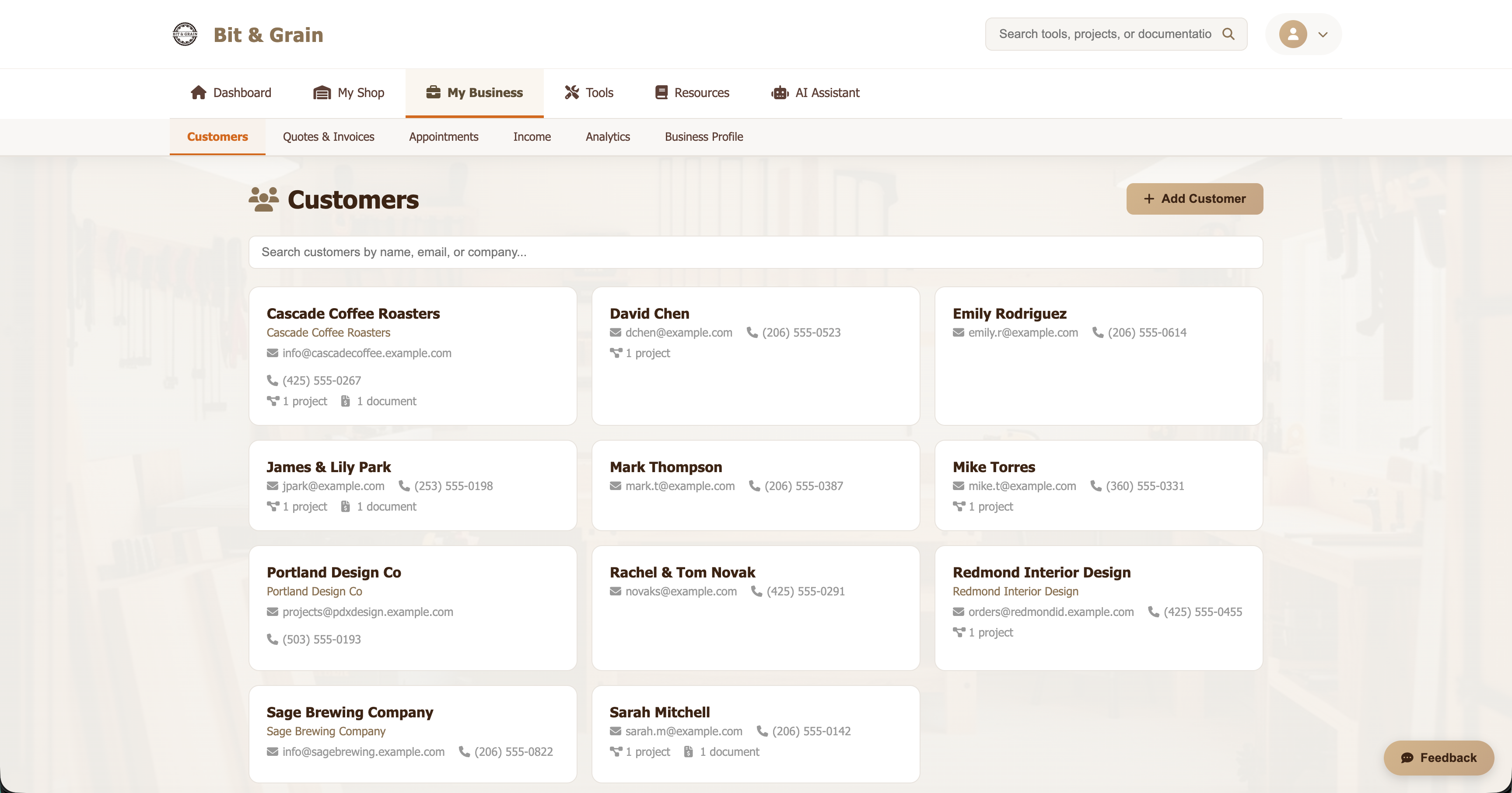 Customer management — client list with linked projects and invoices
