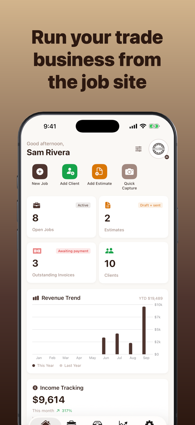 Bit & Grain iPhone app with the headline Run your trade business from the job site